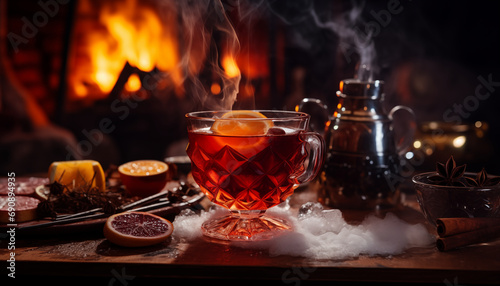 Mulled wine with spices on the fire