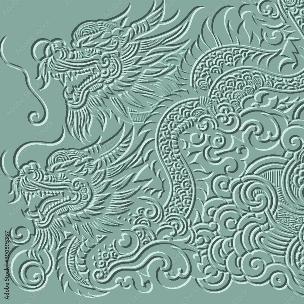Green Ornamental emboss 3d chinese dragon pattern background. Happy Chinese new year 2024 Zodiac sign, year of the Dragon. Relief embossed trendy vector background. Surface 3d embossing texture