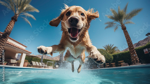 Whimsical Waters: Dog's Playful Plunge into Joy, generative ai photo
