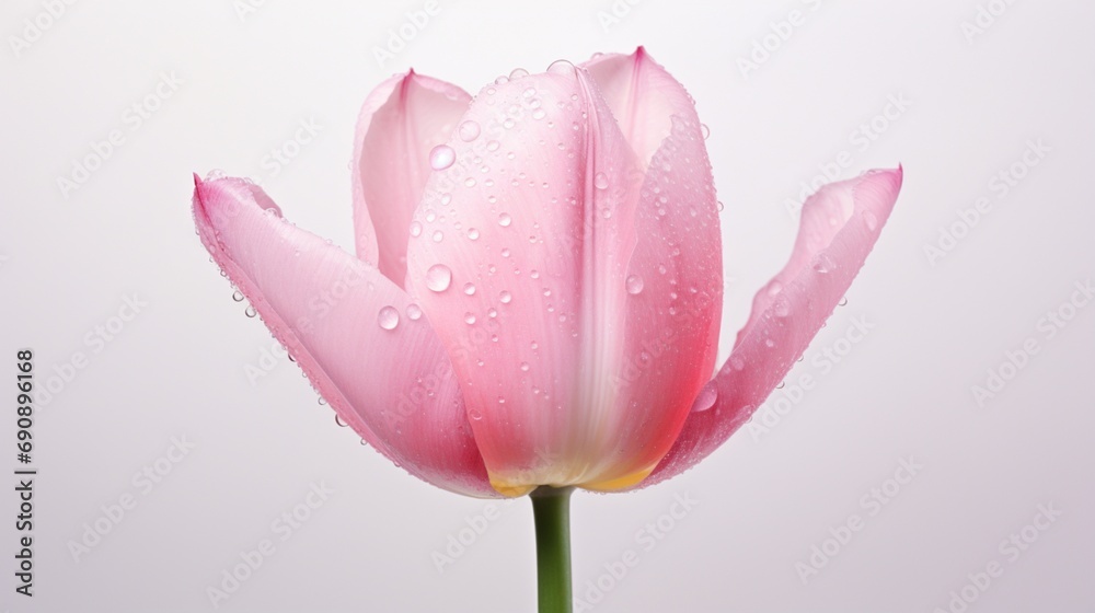 A delicate pink tulip with dewdrops on its petals, centered on a stark white background.