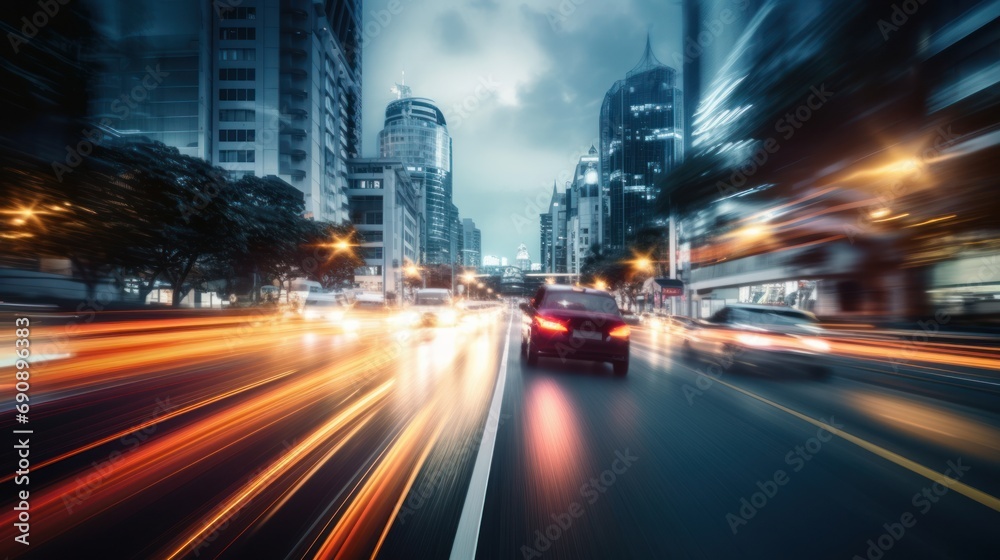 Blurred urban view from fast moving car to rear in bokeh night. A bustling city center with crowded streets and illuminated roads filled with cars during the night, Long exposure