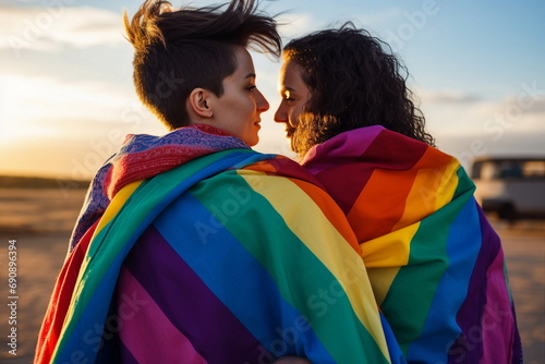 lesbian couple covered with rainbow flag