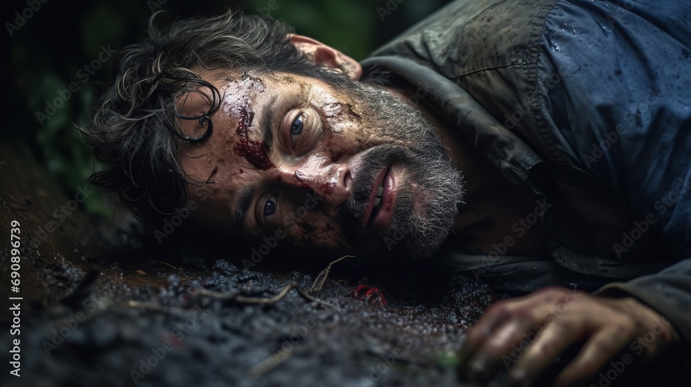 a man accident victim lay down on ground with grunge blood on face, Generative Ai a man accident victim lay down on ground with grunge blood on face, Generative Ai