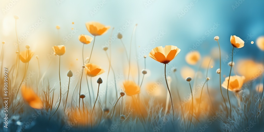 yellow poppy blossom flower field with bokeh and glow light, dream like fantasy in misty morning wildflower meadow, Generative Ai