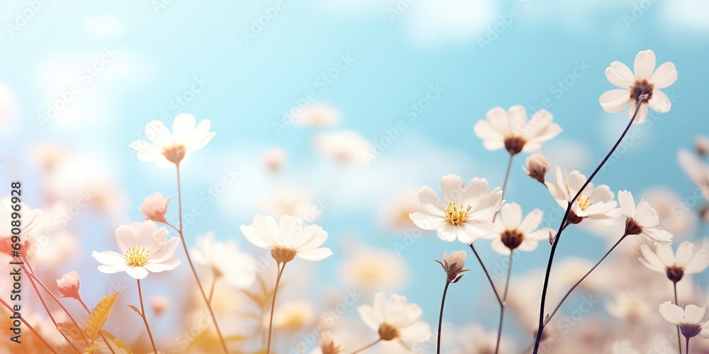 white daisy blossom flower field with bokeh and glow light, dream like fantasy in misty morning wildflower meadow, Generative Ai white daisy blossom flower field with bokeh and glow light, dream like fantasy in misty morning wildflower meadow, Generative Ai