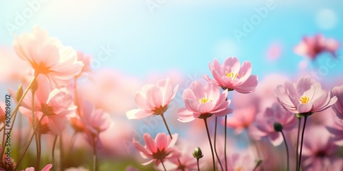pink cosmos blossom flower field with bokeh and glow light, dream like fantasy in misty morning wildflower meadow, Generative Ai