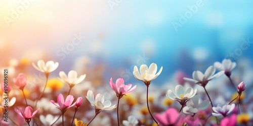 pink white daisy blossom flower field with bokeh and glow light, dream like fantasy in misty morning wildflower meadow, Generative Ai