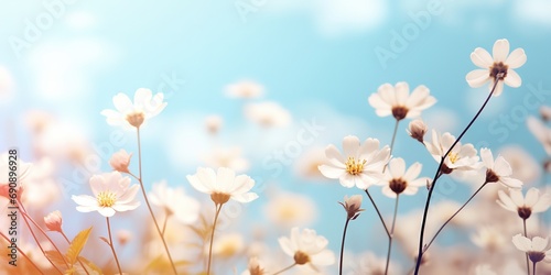 white daisy blossom flower field with bokeh and glow light, dream like fantasy in misty morning wildflower meadow, Generative Ai © QuietWord