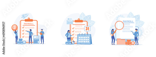 Salary payment.Payroll income. Examine payroll check. Payroll set flat vector modern illustration 