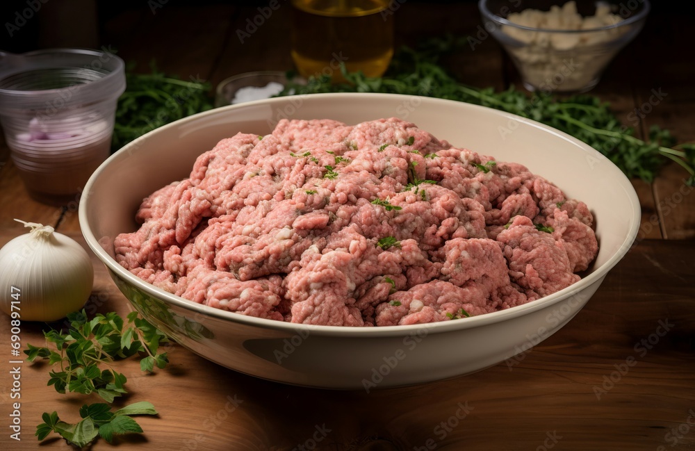 Raw minced meat pork food with salad. Mince dinner top protein fat. Generate Ai Raw minced meat pork food with salad. Mince dinner top protein fat. Generate Ai