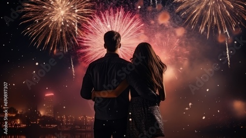 A couple celebrating. Young people watching fireworks and celebrating new year. Merry Christmas, Happy new year, 2024