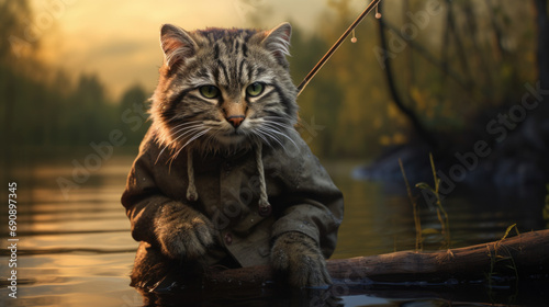 A beige cat fisher with a fishing rod caught a trout. In a forest river photo