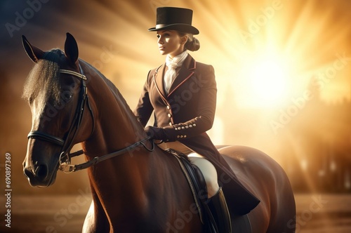 Regal horse rider equestrian photo in sun. Grand equine surreal elegant. Generate Ai