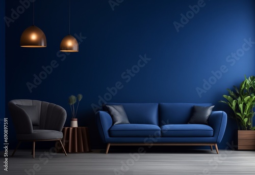 Dark blue modern sofa design with grey armchair and decors against royal blue empty wall. Two lamps hanging through ceiling.