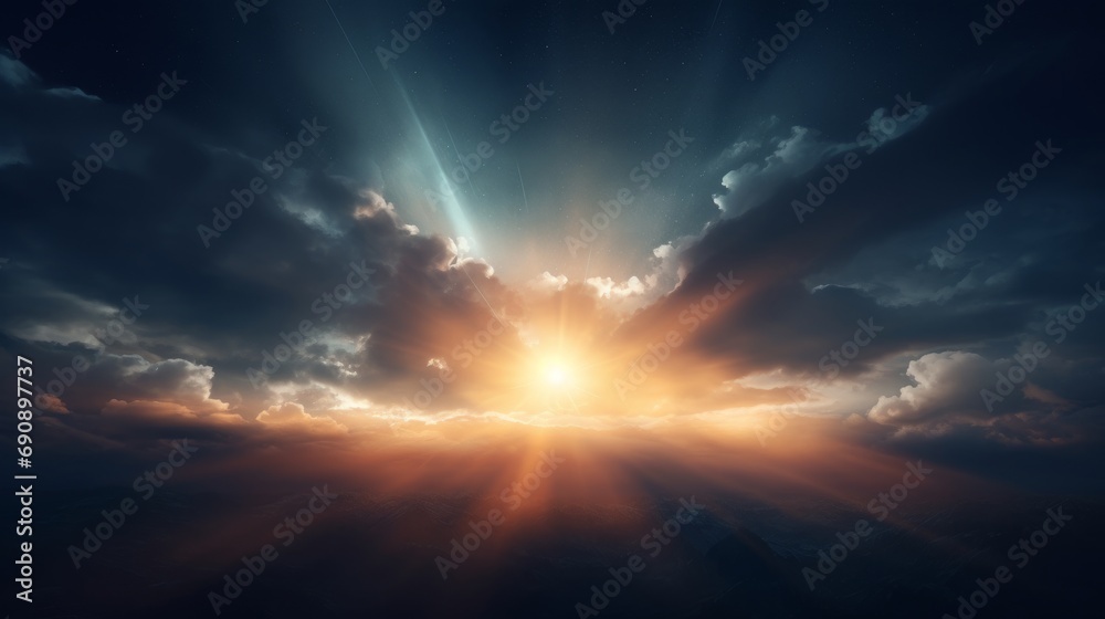 Dark sky background. Sunrise in space. Sunrise with rays and lens flare. - obrazy, fototapety, plakaty 