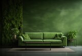 Green velvet sofa with throw pillows and wooden table against rustic green wall background. Two side decor tables. Modern living room interior design.