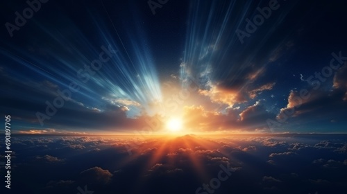 Dark sky background. Sunrise in space. Sunrise with rays and lens flare.