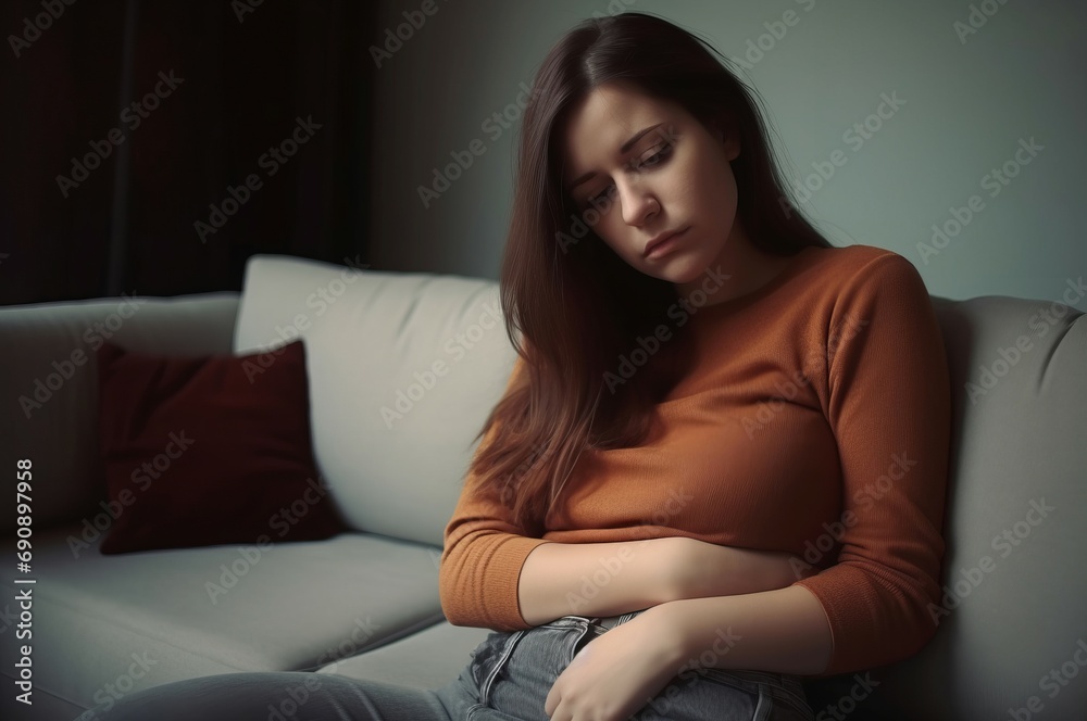 Sad woman pain menstruation. Stomach ache young female pain. Generate AI Sad woman pain menstruation. Stomach ache young female pain. Generate AI