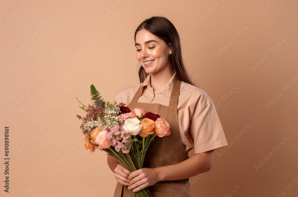 Saleswoman designer flowers smiling happy. Female modern making decor. Generate Ai