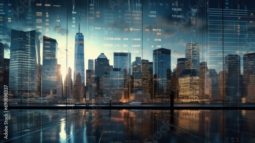A showcase of stock market quotes with a reflection of a city scene on the glass. Financial stock market numbers and city light reflection. photo