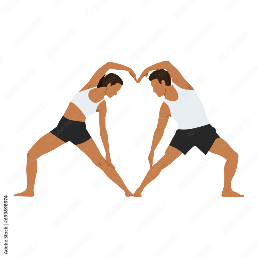 Young couple doing acro yoga exercise making a love sign with body. Flat vector illustration isolated on white background Young couple doing acro yoga exercise making a love sign with body. Flat vector illustration isolated on white background