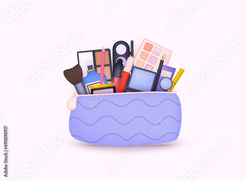 Vector beautician with cosmetics. Cosmetics 3d icon set. 3D Web Vector Illustrations.