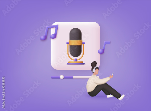 Young woman  in headset listening to music. Podcast broadcasts. Studio microphone on a stand. 3D Web Vector Illustrations.