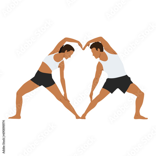 Young couple doing acro yoga exercise making a love sign with body. Flat vector illustration isolated on white background