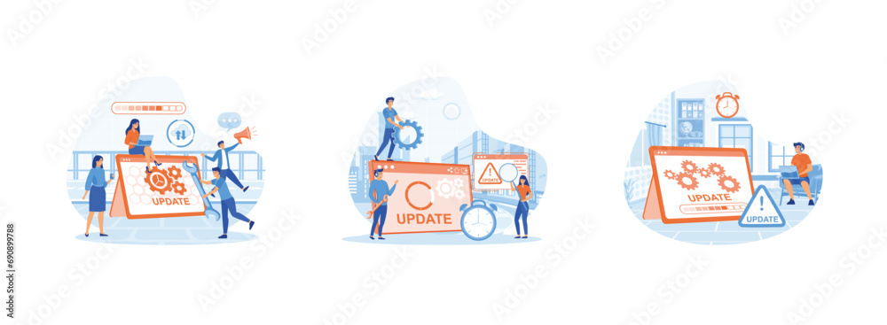 System updates, Tiny programmers upgrading operating system, The programmer behind the computer screen. System Update 1 set flat vector modern illustration System updates, Tiny programmers upgrading operating system, The programmer behind the computer screen. System Update 1 set flat vector modern illustration