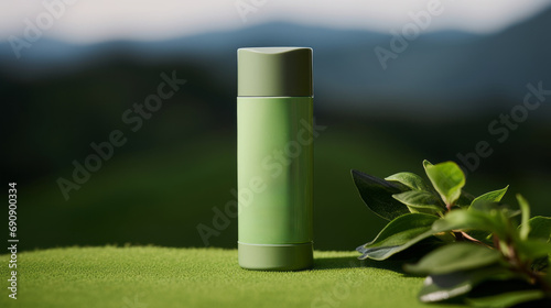 Luxury Mockup green tea cosmetic Bottle-packaging cream and lotion formula for healthy skin Beauty cosmetic product poster: Green tea leaves and natural color background banner ad for beauty products