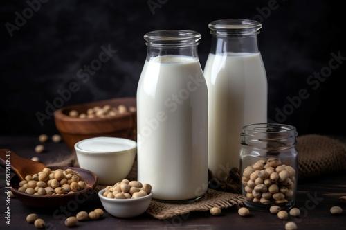 Vegan milk bottles. Food nature vegan product natural glass. Generate Ai