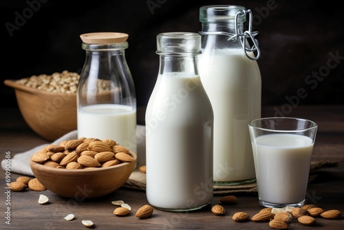 Vegan milk bottles food. Dairy nutrition vitamin nut vessel. Generate Ai