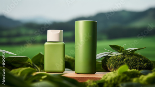 Luxury Mockup green tea cosmetic Bottle-packaging cream and lotion formula for healthy skin Beauty cosmetic product poster: Green tea leaves and natural color background banner ad for beauty products