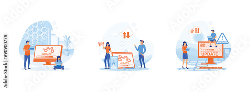 people update operation system, updating operation in computing and installation programs, Showing people update operating system. System Update 2 set flat vector modern illustration