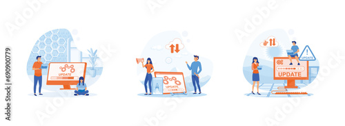 people update operation system, updating operation in computing and installation programs, Showing people update operating system. System Update 2 set flat vector modern illustration
