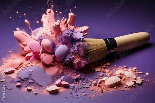 Makeup brushes with pink and purple powder explosion: colourful beauty splash, close-up of cosmetic product burst photo