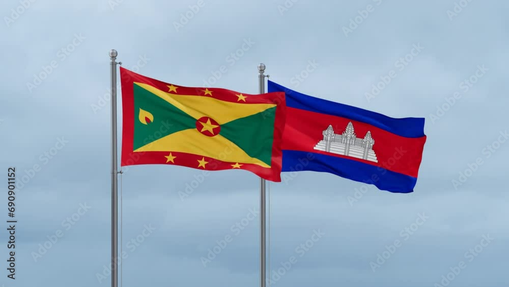 Cambodia flag and Grenada flag waving together on cloudy sky, endless seamless loop, two country relations concept Cambodia flag and Grenada flag waving together on cloudy sky, endless seamless loop, two country relations concept