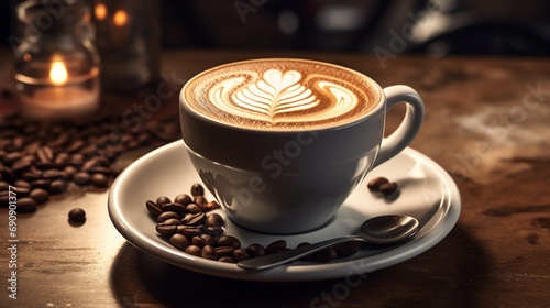 a cup of cappuccino sits on a wooden table with coffee beans and a candle in the background 