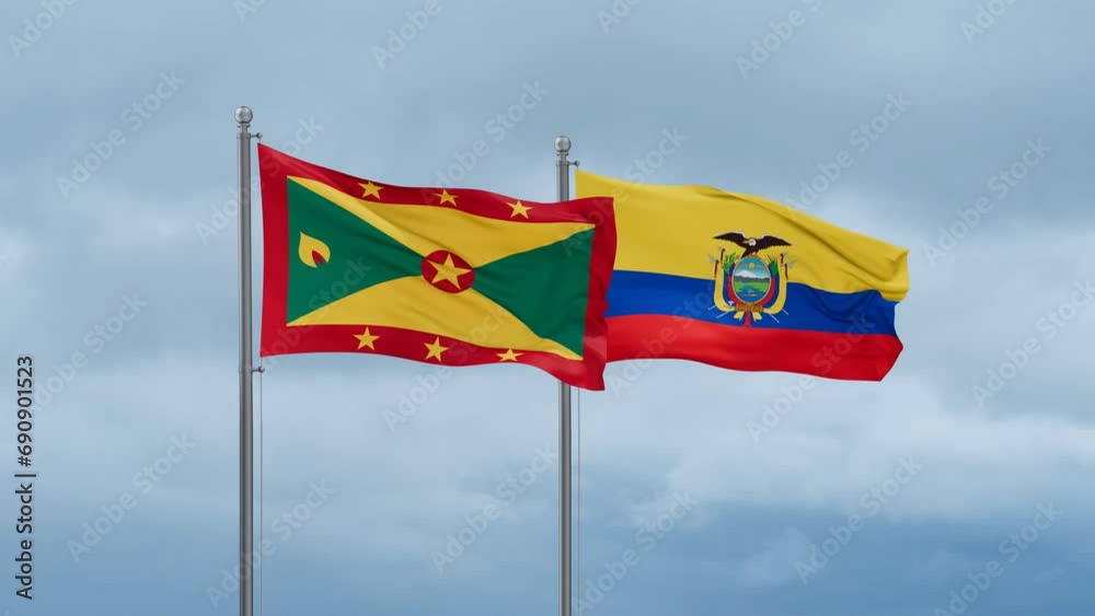 Ecuador flag and Grenada flag waving together on cloudy sky, endless seamless loop, two country relations concept