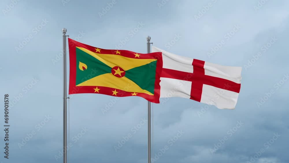 England flag and Grenada flag waving together on cloudy sky, endless seamless loop, two country relations concept England flag and Grenada flag waving together on cloudy sky, endless seamless loop, two country relations concept