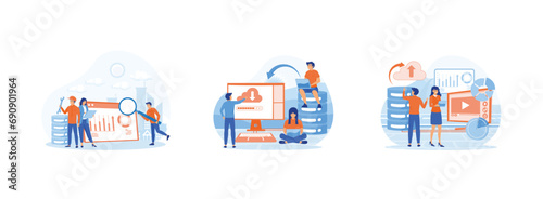 Web hosting or cloud computing poster with system admins, Web hosting concept, Hosting provider web design concept with people characters. Web hosting set flat vector modern illustration