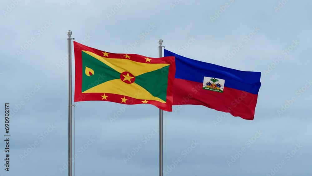 Haiti flag and Grenada flag waving together on cloudy sky, endless seamless loop, two country relations concept Haiti flag and Grenada flag waving together on cloudy sky, endless seamless loop, two country relations concept