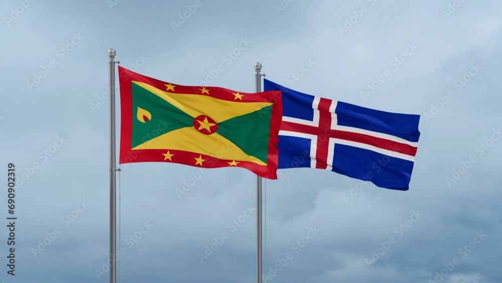Iceland and Grenada flag waving together on cloudy sky, endless seamless loop, two country cooperation concept Iceland and Grenada flag waving together on cloudy sky, endless seamless loop, two country cooperation concept