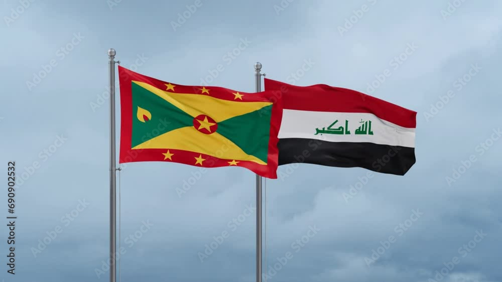 Iraq flag and Grenada flag waving together on blue sky, looped video Iraq flag and Grenada flag waving together on blue sky, looped video