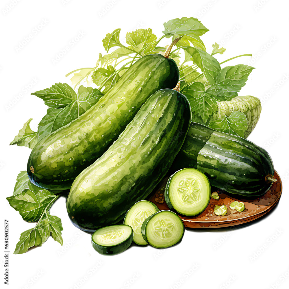 Dissected Fresh Cucumber: Watercolor-Styled Clip Art Isolated on Transparent Background Dissected Fresh Cucumber: Watercolor-Styled Clip Art Isolated on Transparent Background