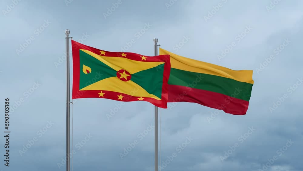 Lithuania flag and Grenada flag waving together on cloudy sky, endless seamless loop, two country relations concept Lithuania flag and Grenada flag waving together on cloudy sky, endless seamless loop, two country relations concept