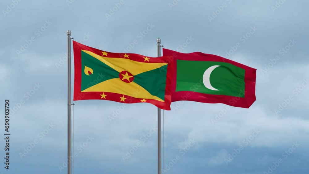 Maldives flag and Grenada flag waving together on cloudy sky, endless seamless loop, two country relations concept Maldives flag and Grenada flag waving together on cloudy sky, endless seamless loop, two country relations concept