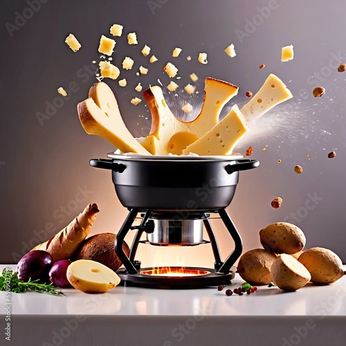 Traditional Swiss dish of melted cheese fondue, dipped with bread and potatoes, dynamic food photography photo