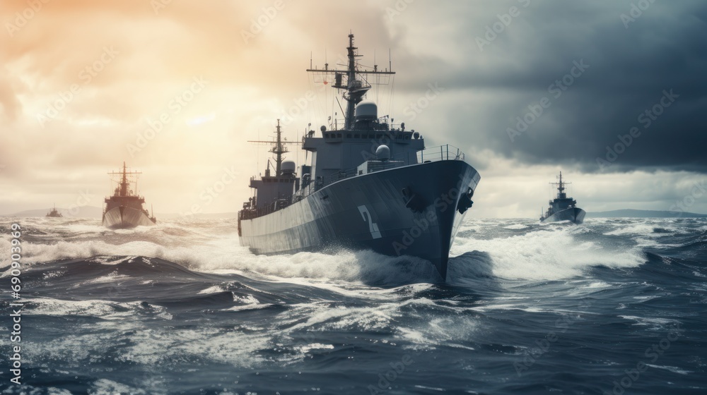 Military navy ships at sea. A modern gray warship sailing at sea