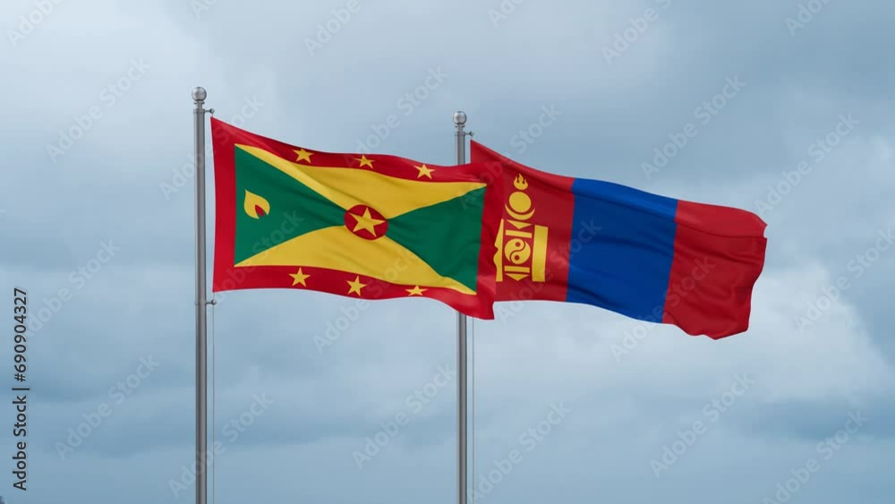 Mongolia and Grenada flag waving together on cloudy sky, endless seamless loop, two country cooperation concept Mongolia and Grenada flag waving together on cloudy sky, endless seamless loop, two country cooperation concept